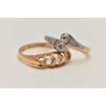 AN 18CT GOLD RING AND A DIAMOND RING, an AF 18ct gold ring, five stone setting, set with three