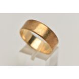 A 9CT GOLD BAND RING, polished flat profile band ring, approximate width 8mm, hallmarked 9ct