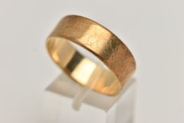 A 9CT GOLD BAND RING, polished flat profile band ring, approximate width 8mm, hallmarked 9ct