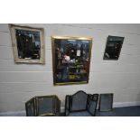 A SELECTION OF WALL MIRRORS, to include a mahogany framed triple mirror, a gilt framed triple