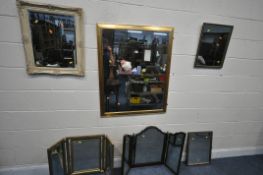 A SELECTION OF WALL MIRRORS, to include a mahogany framed triple mirror, a gilt framed triple