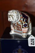 A BOXED ROYAL CROWN DERBY IMARI BULLDOG PAPERWEIGHT, issued 1991-97, gold button stopper, height 8.