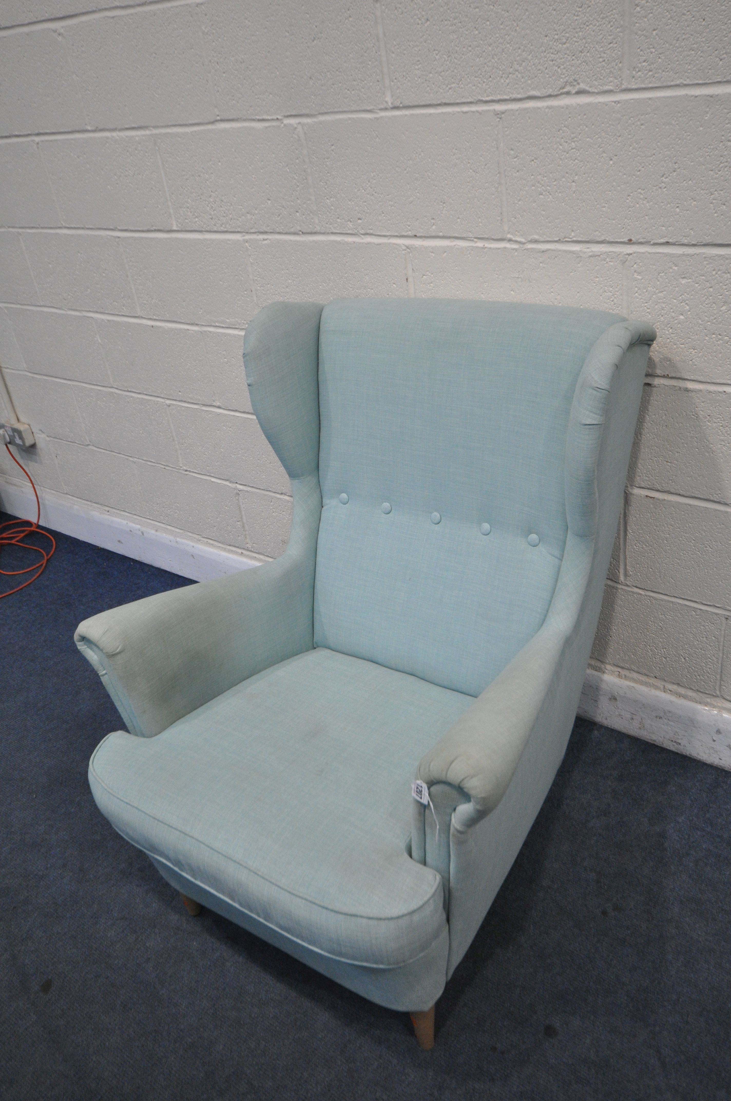 AN IKEA WINGBACK ARMCHAIR, with teal upholstery, width 83cm x depth 101cm x height 101cm ( - Image 3 of 5