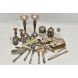 A BOX OF ASSORTED SILVER ITEMS, to include a pair of tapered posy vases, hallmarked Chester, on