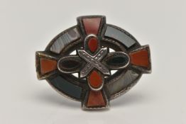 A SCOTTISH HARDSTONE BROOCH, of an oval form set with various hardstones and agate, in a white metal