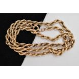 A 9CT GOLD ROPE CHAIN NECKLACE, yellow gold chain, fitted with a spring clasp, approximate length