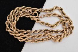 A 9CT GOLD ROPE CHAIN NECKLACE, yellow gold chain, fitted with a spring clasp, approximate length
