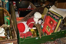 SIX BOXES OF METALWARE AND MISCELLANEOUS SUNDRIES, to include brass candle sticks, trench art, brass