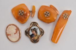 A CAMEO BROOCH, AMBER CUFFLINKS AND TIE CLIP WITH A ROLLED GOLD BROOCH, a yellow metal and shell