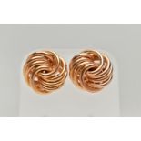 A PAIR OF 9CT GOLD KNOT EARRINGS, yellow gold stud earrings, fitted with post and scroll backs,