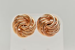 A PAIR OF 9CT GOLD KNOT EARRINGS, yellow gold stud earrings, fitted with post and scroll backs,