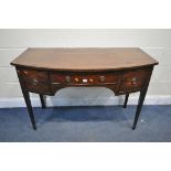 A GEORGIAN MAHOGANY AND CROSSBANDED BOWFRONT SIDE TABLE, with three drawers, on square tapered