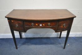 A GEORGIAN MAHOGANY AND CROSSBANDED BOWFRONT SIDE TABLE, with three drawers, on square tapered