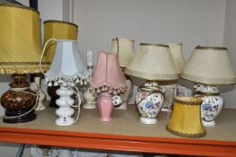 TEN TABLE LAMPS, comprising a pair of beige floral lamps, a pair of floral Oriental style ginger jar