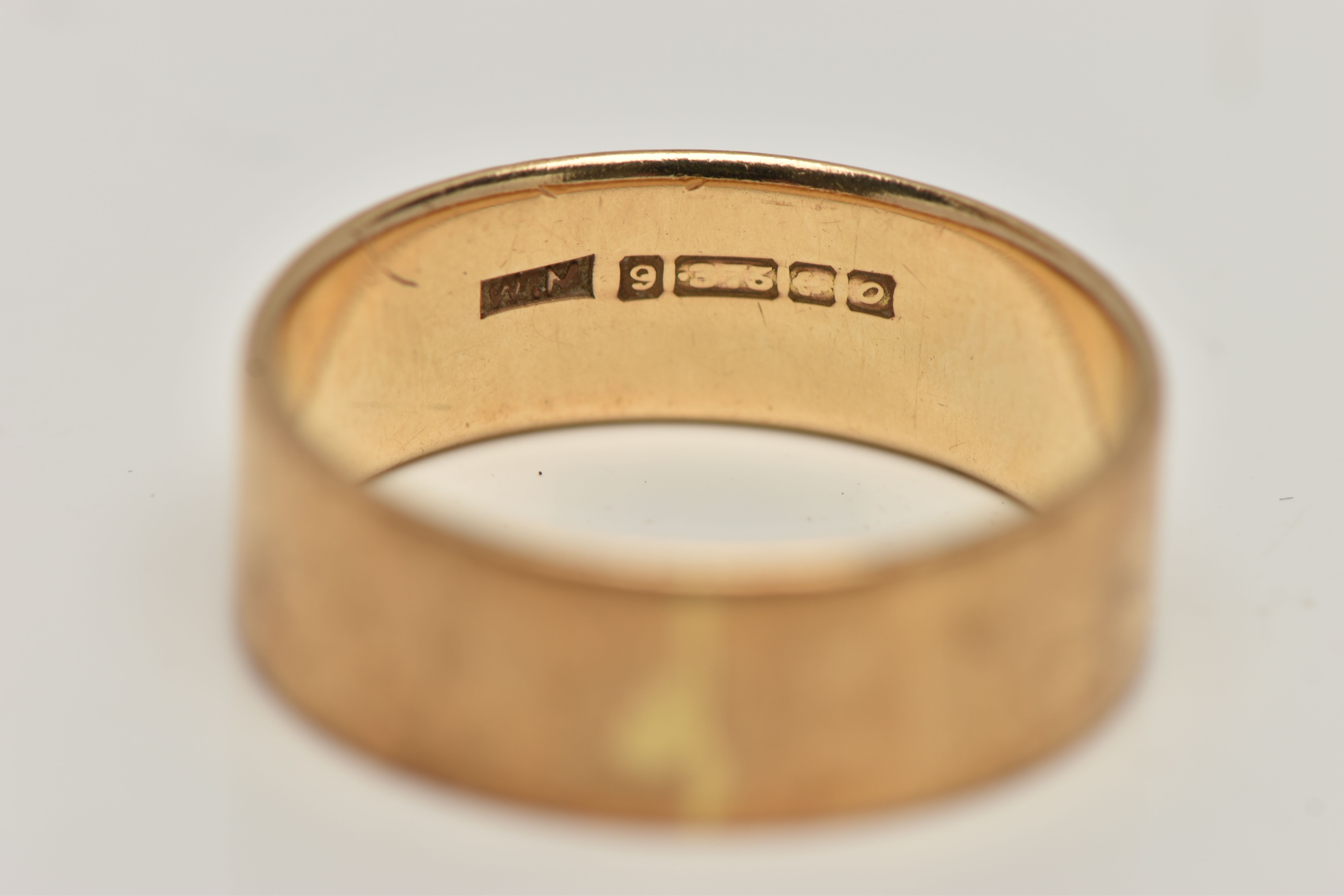 A 9CT GOLD BAND RING, polished flat profile band ring, approximate width 8mm, hallmarked 9ct - Image 2 of 2