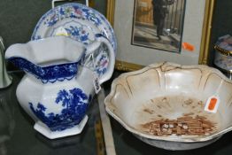 A GROUP OF CERAMICS AND FRAMED PRINT, comprising a late 19th century blue and white Watteau jug,