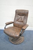 A BROWN LEATHER SWIVEL RECLINING ARMCHAIR and matching footstool (2)