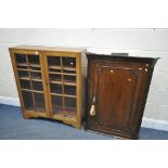 A MAHOGANY GLAZED TWO DOOR BOOKCASE, width 92cm x depth 48cm x height 107cm, and Georgian oak single