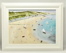 LUCY YOUNG (BRITISH CONTEMPORARY) 'TO THE SKIES', a birds eye view of a coastal scene, figures and