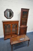 A YEWWOOD GLAZED TWO DOOR BOOKCASE, with two drawers, width 98cm x depth 31cm x height 120cm, a