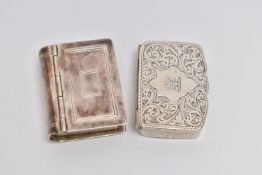 TWO SILVER SNUFF BOXES, the first with a floral engraved pattern and engraved crest, hallmarked '