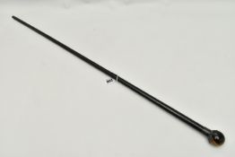 A TIGERS EYE MOUNTED WALKING STICK, ebonised stick fitted with a silver collar and a polished tigers