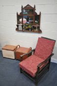 AN EARLY 20TH CENTURY-STAINED BEECH DAY BED/ARMCHAIR, along with an Edwardian walnut overmantel