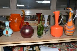 A GROUP OF MID-CENTURY COLOURED STUDIO GLASS, comprising a large tangerine coloured vase, a Murano