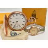 A 9CT GOLD WRISTWATCH AND A GOLD PLATED POCKET WATCH, hand wound movement, round dial signed