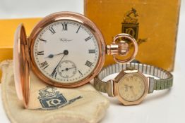 A 9CT GOLD WRISTWATCH AND A GOLD PLATED POCKET WATCH, hand wound movement, round dial signed