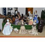 ONE BOX OF LADY FIGURINES, to include a Royal Doulton HN3266 Diana, signed and dated 1990 in gold on