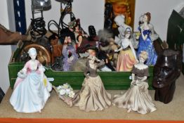 ONE BOX OF LADY FIGURINES, to include a Royal Doulton HN3266 Diana, signed and dated 1990 in gold on