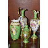 FOUR EARLY 20TH CENTURY COALPORT GREEN AND GILT GROUND EWERS AND VASES, comprising a pair of