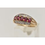 A 9CT GOLD GEM SET RING, five oval cut garnets, prong set in yellow gold, set with single cut