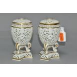 A PAIR OF GRAINGERS ROYAL WORCESTER PORCELAIN RETICULATED POTPOURRI VASES, both have original