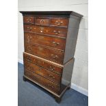 A GEORGIAN OAK CHEST ON CHEST OF THREE SHORT OVER SIX LONG GRADUATED DRAWERS, with brass swan neck