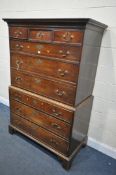 A GEORGIAN OAK CHEST ON CHEST OF THREE SHORT OVER SIX LONG GRADUATED DRAWERS, with brass swan neck