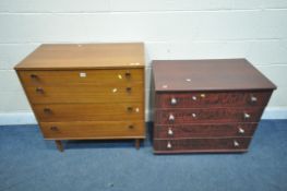 A MID CENTURY AVALON TEAK CHEST OF FOUR LONG DRAWERS, width 82cm x depth 45cm x height 84cm, and a