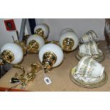 AN AYNSLEY TEA SET AND THREE WALL LIGHT FITTINGS, comprising six Aynsley 'Henley' pattern cups,