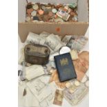 A CARDBOARD BOX CONTAINING MIXED COINAGE, to include over 130 grams of various silver coins, a