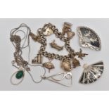 A SMALL BAG OF ASSORTED WHITE METAL JEWELLERY, to include a silver charm bracelet fitted with