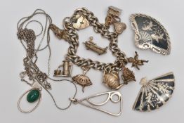A SMALL BAG OF ASSORTED WHITE METAL JEWELLERY, to include a silver charm bracelet fitted with