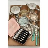 A BOX OF ASSORTED ITEMS, to include a cased set of six silver teaspoons, each hallmarked 'Francis