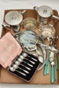 A BOX OF ASSORTED ITEMS, to include a cased set of six silver teaspoons, each hallmarked 'Francis