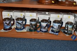 SIX TED BLAYLOCK FOR FRANKLIN MINT TANKARDS, each depicting a Bald Eagle in various settings, the