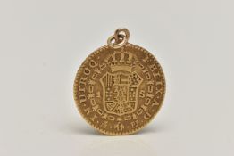 A YELLOW METAL 1779 SPAINISH COIN, Carol III D.G HISP.ET.IND.R, Felix.A.D IN.UTROQ, fitted with a