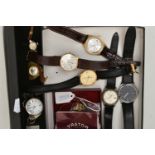 A BOX OF ASSORTED WATCHES, to include six wrist watches, names to include Skagen, Emro, Rotary,