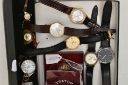 A BOX OF ASSORTED WATCHES, to include six wrist watches, names to include Skagen, Emro, Rotary,