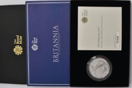 A ROYAL MINT 'THE BRITANNIA 2017' ONE OUNCE SILVER BRILLIANT UNCIRCULATED COIN, number 02430, 999