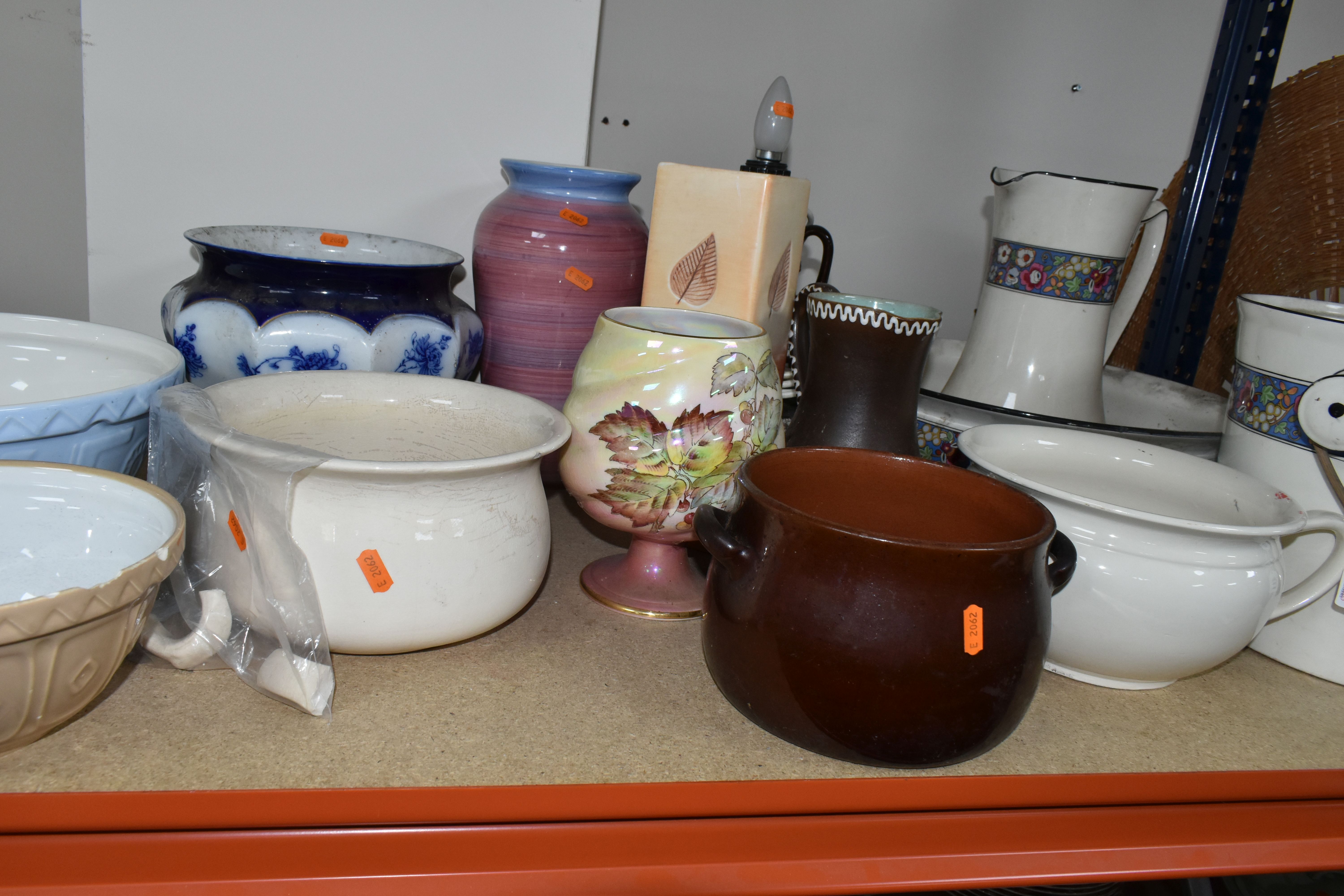 A GROUP OF CERAMIC PLANTERS AND CHAMBER POTS, to include a French wash set of chamber pot, wash